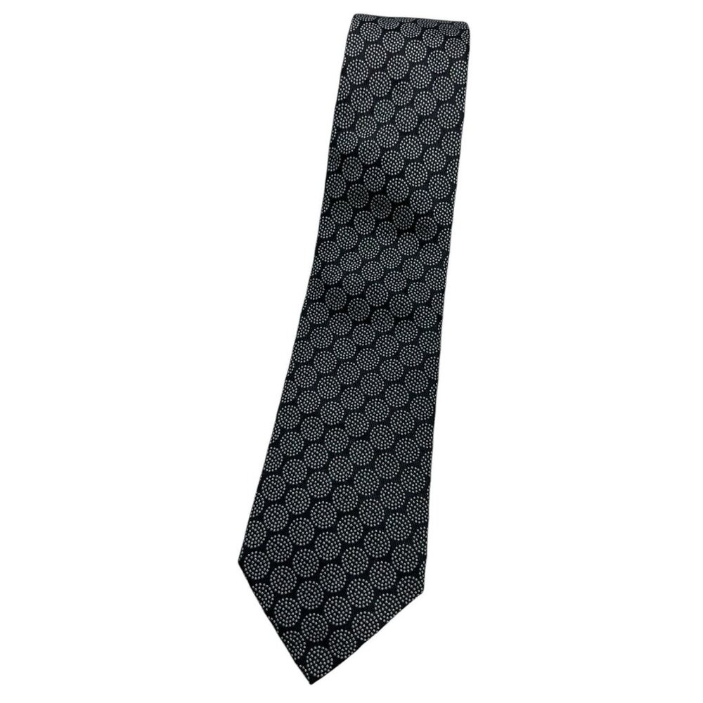 GIORGIO ARMANI Men's 100% Silk Necktie LUXURY Black Silver Geometric W:3.5" EUC